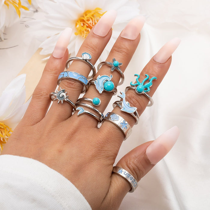 Wholesale Ethnic Style Retro Turquoise Carved Feather Ring Fashionable and Personalized 8-Piece Combination Ring Set