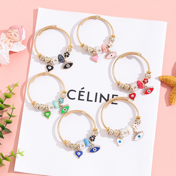 Wholesale Stainless Steel Evil Eye Beaded Bracelet with Heart Pendant,  Fashion Jewelry Accessory for Women