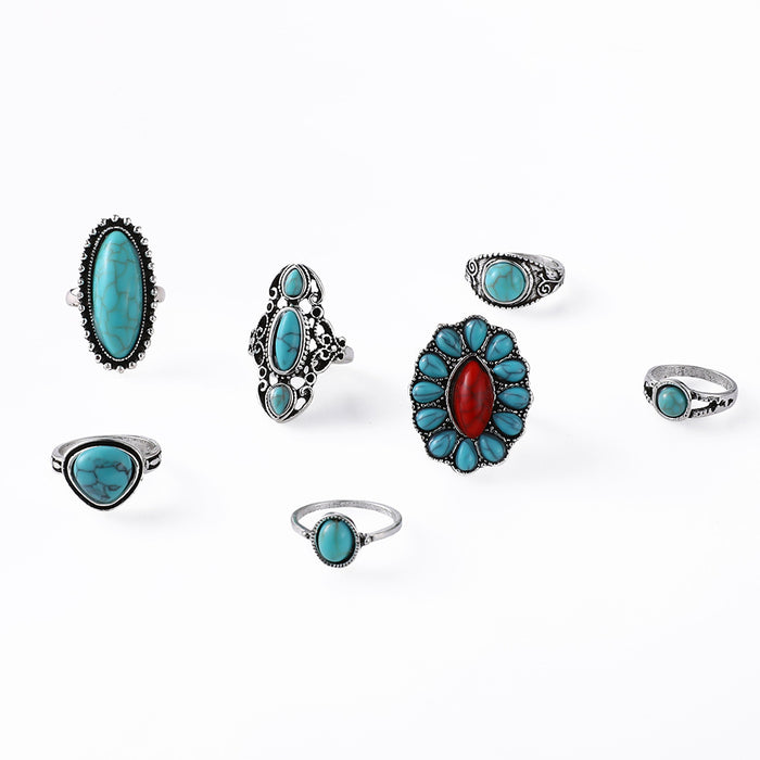 Wholesale 2pcs retro Bohemian turquoise 7 pieces set ring