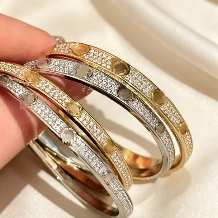 Wholesale Wide Round 3 Row Full Rhinestone Bracelet Gold Plated Copper Unisex Gift
