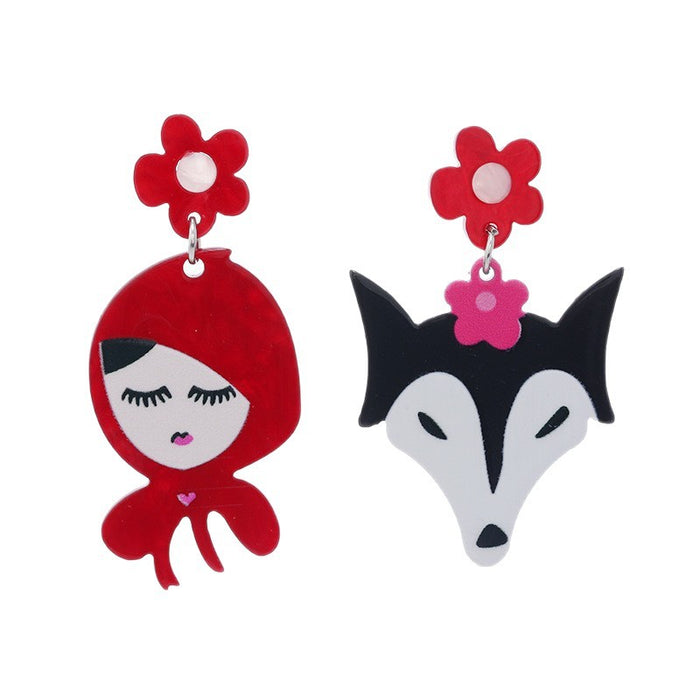 Wholesale Acrylic Cartoon Asymmetric Earrings Big Bad Wolf Little Red Riding Hood Fashion Accessory