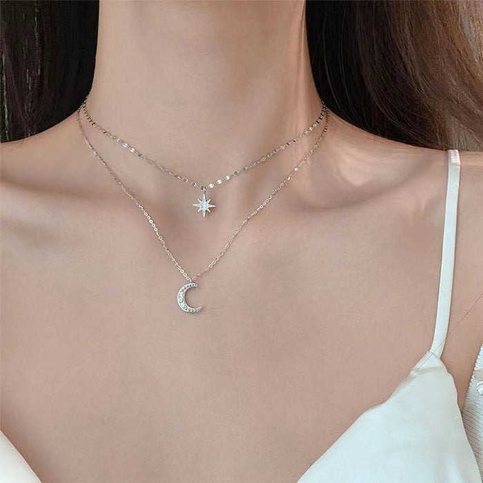 Wholesale Silver Flash Diamond Star Moon Double-Layer Necklace