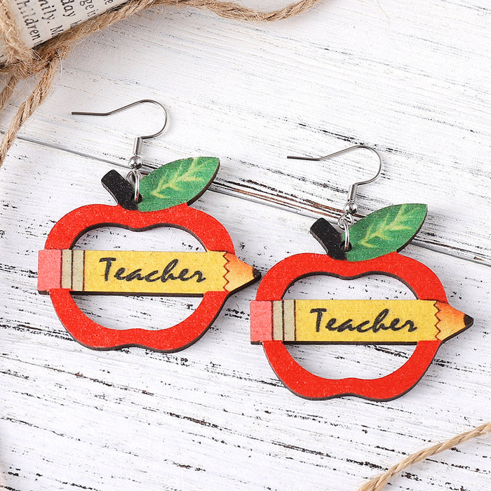 Wholesale Personalized pencil apple teacher drop earrings graduation back to school season teacher double-sided wooden earrings