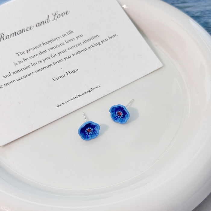 Wholesale New retro drop glazed blue small flower earrings, small and cute earrings, gentle and delicate temperament earrings