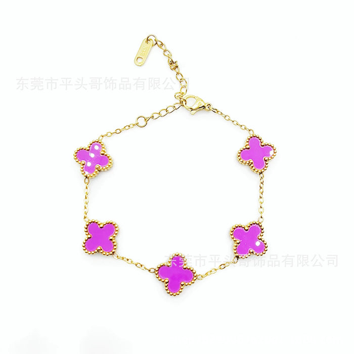 Wholesale Titanium Steel Double Sided V Gold Red Agate Four Leaf Clover Bracelet JDC-BT-Pingtouge003