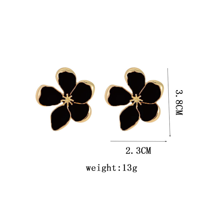 Wholesale Exaggerated metal flower opening ring with oil dripping five petal flower three-dimensional earrings and earrings
