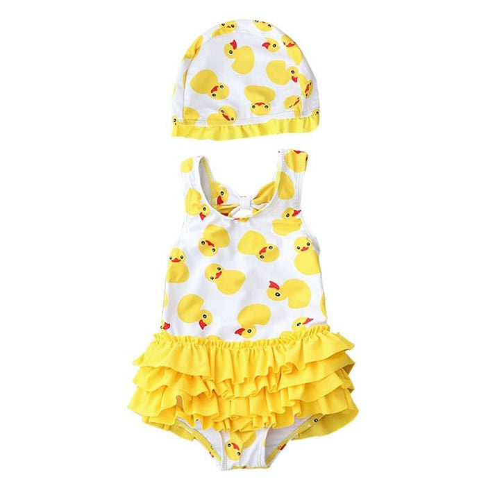 Wholesale Children's one-piece swimsuit, girl's yellow duck, baby girl's one-piece swimsuit, beach quick drying skirt