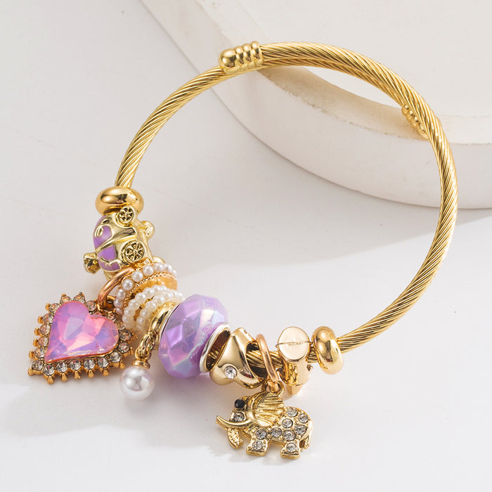 Wholesale Trendy Elephant Heart Pendant Bracelet Pink Alloy Diamond Set Adjustable Jewelry Accessory
