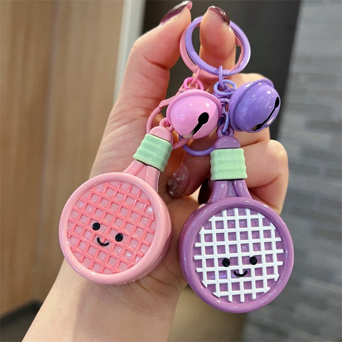 Wholesale Cute PVC cartoon colorful tennis racket keychains with bell