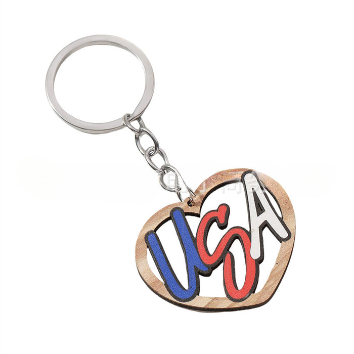 Wholesale Hollow Heart Independence Day Wooden Keychain JDC-KC-RongRui007