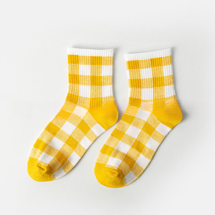 Wholesale 10pcs Polyester Cotton Yellow Pineapple Socks Versatile Plaid Mid-calf Socks JDC-SK-Miqi010