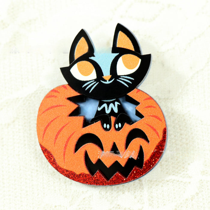 Wholesale Acrylic Halloween Pumpkin Black Cat Animal Cute Brooch JDC-BC-XiaoYan001