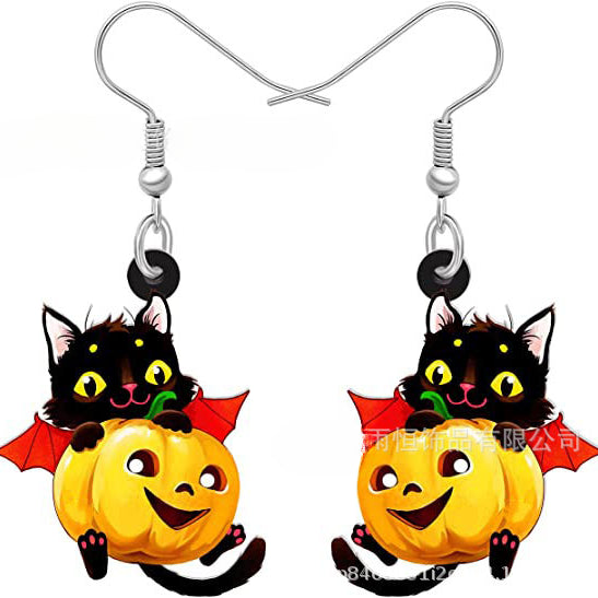 Wholesale Black Cat Pumpkin Halloween Acrylic Pendant Earrings JDC-ES-Yuhen002