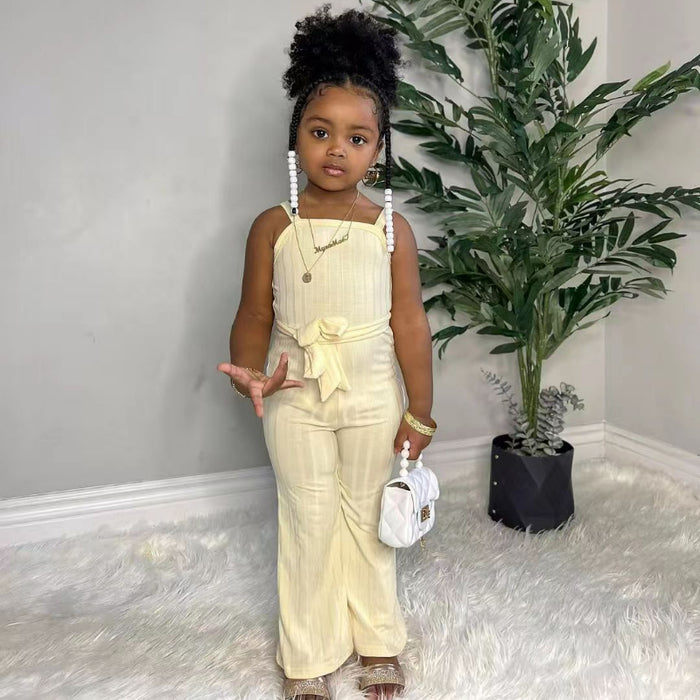 Wholesale Pit Stripe Sling Solid Color Jumpsuit Floor-length Pants Children's Jumpsuit JDC-CTS-YaYaMi028