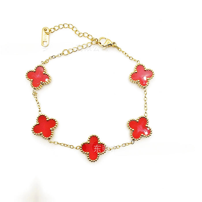 Wholesale Titanium Steel Double Sided V Gold Red Agate Four Leaf Clover Bracelet JDC-BT-Pingtouge003