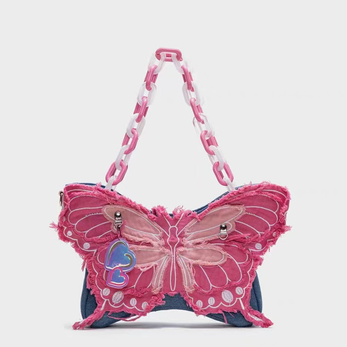 Wholesale Red Butterfly Acrylic Chain Denim Crossbody Bag JDC-SD-HuiHua002