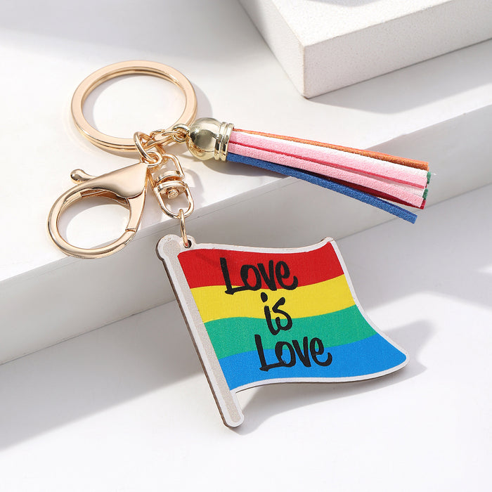 Wholesale Pride Day Love Rainbow Tassel Wooden Keychain JDC-KC-RongRui017