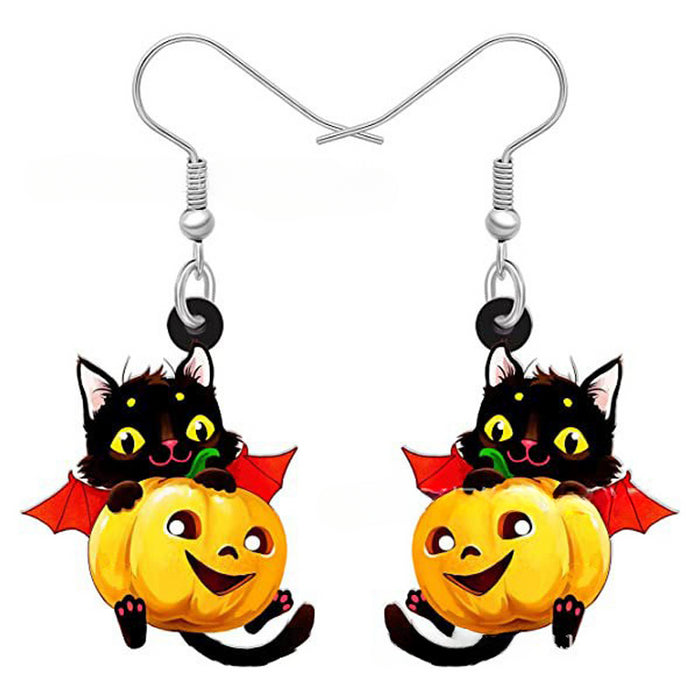 Wholesale Black Cat Pumpkin Halloween Acrylic Pendant Earrings JDC-ES-Yuhen002