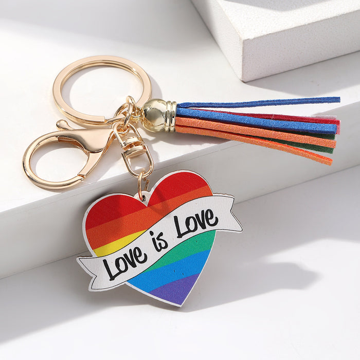 Wholesale Pride Day Love Rainbow Tassel Wooden Keychain JDC-KC-RongRui017