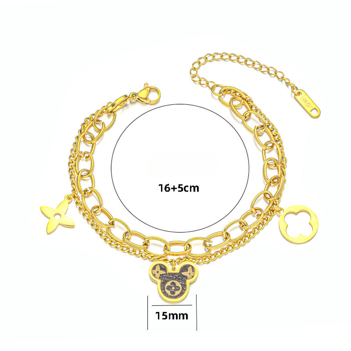 Wholesale Four-leaf Flower Double-layer Titanium Steel Thick Bracelet JDC-BT-OBK003