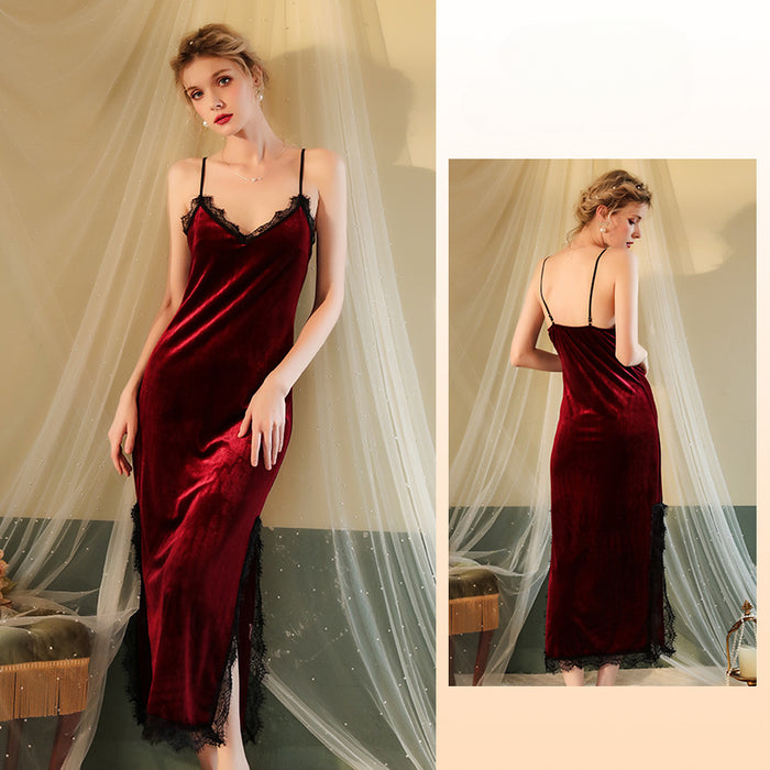 Wholesale Deep V Velvet Lace Long Nightdress JDC-PJ-FeiY001