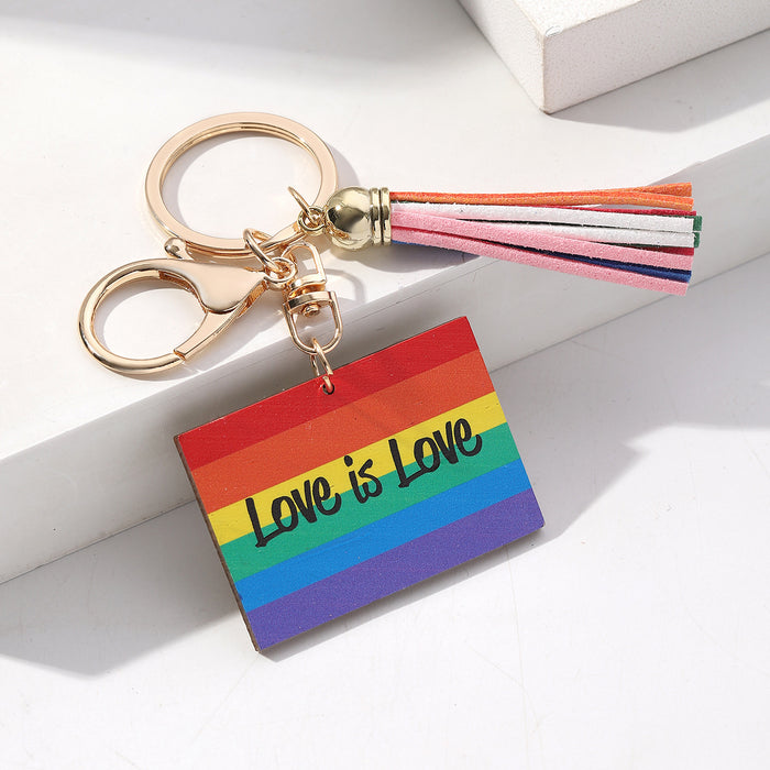 Wholesale Pride Day Love Rainbow Tassel Wooden Keychain JDC-KC-RongRui017