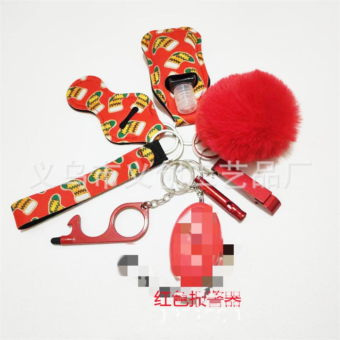 Wholesale Stylish Women S Christmas Pattern Self Defense Keychain 9 Piece Set With LED Alarm Metal Electroplated Party Gift And Decorative Accessory