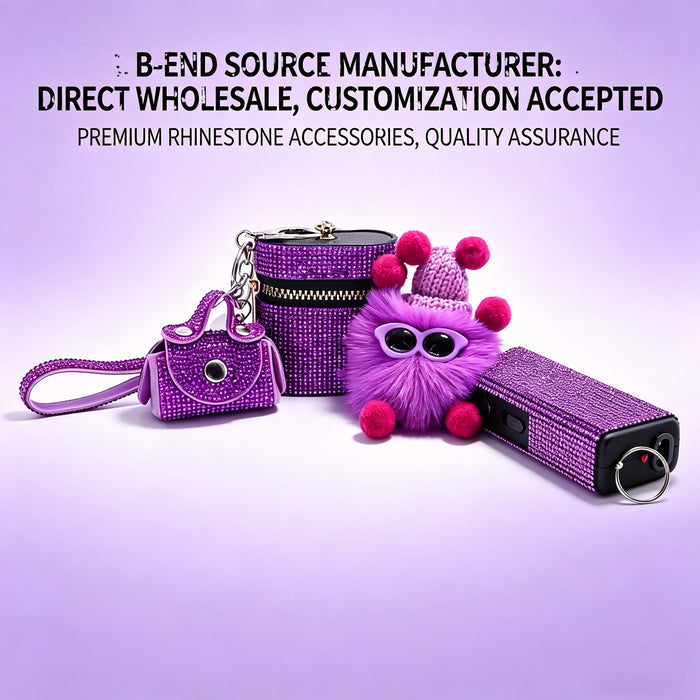 Wholesale European Style 4 Piece Rhinestone Keychain Set With Plush Pendant Coin Purse Earbud Bag White Decorative Charms For Everyday Resale