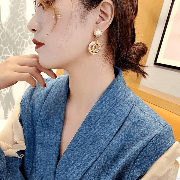 Wholesale 925 Silver Post Geometric Circle Double C Pearl Stud Earrings （F）JDC-ES-Dengy004 Earrings 登云 Wholesale Jewelry JoyasDeChina Joyas De China