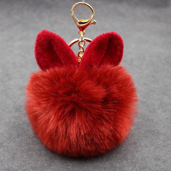 Wholesale Alloy Imitation Rabbit Hair Rabbit Ear Hair Ball Pom Pom Keychain JDC-KC-Zuge006 Keychains 祖格 wine red / Wholesale Jewelry JoyasDeChina Joyas De China