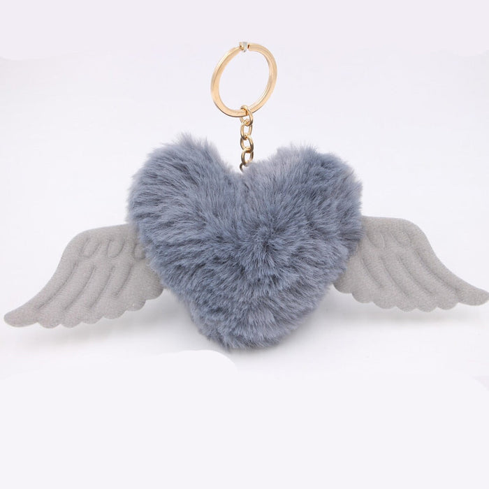 Wholesale Alloy Imitation Rex Rabbit Fur Heart Shaped Wings Fur Ball Pom Pom Keychain JDC-KC-Zuge015 Keychains 祖格 Dark gray / Wholesale Jewelry JoyasDeChina Joyas De China