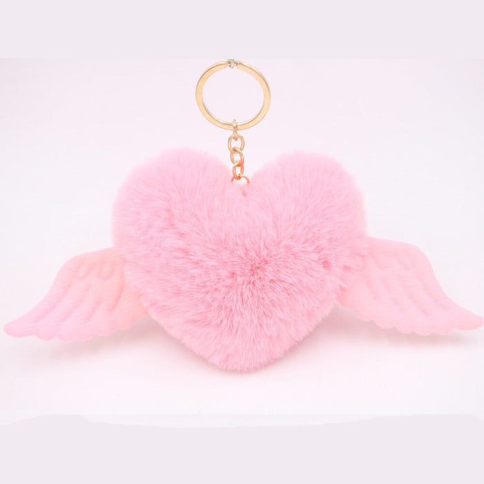 Wholesale Alloy Imitation Rex Rabbit Fur Heart Shaped Wings Fur Ball Pom Pom Keychain JDC-KC-Zuge015 Keychains 祖格 Pink / Wholesale Jewelry JoyasDeChina Joyas De China