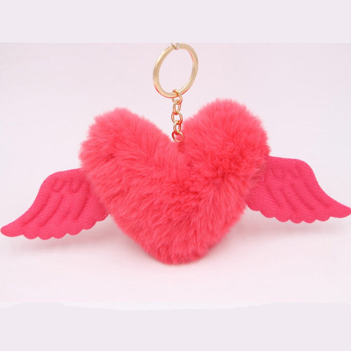 Wholesale Alloy Imitation Rex Rabbit Fur Heart Shaped Wings Fur Ball Pom Pom Keychain JDC-KC-Zuge015 Keychains 祖格 watermelon red / Wholesale Jewelry JoyasDeChina Joyas De China