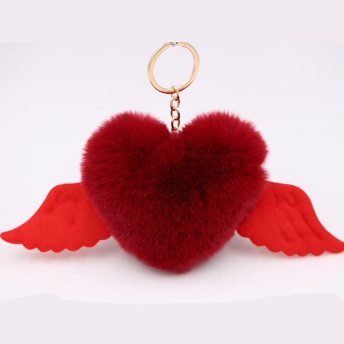 Wholesale Alloy Imitation Rex Rabbit Fur Heart Shaped Wings Fur Ball Pom Pom Keychain JDC-KC-Zuge015 Keychains 祖格 wine red / Wholesale Jewelry JoyasDeChina Joyas De China