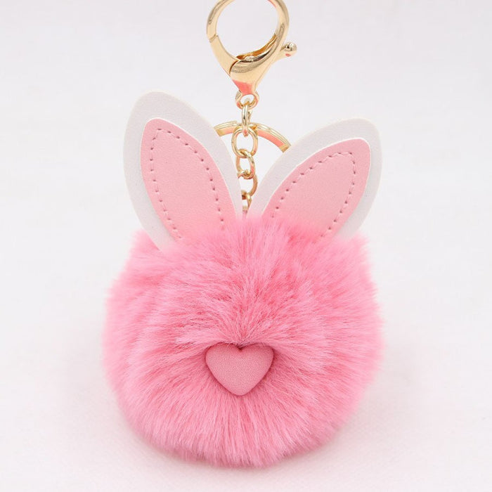 Wholesale Alloy Imitation Rex Rabbit Fur PU Leather Rabbit Ear Hair Ball Pom Pom Keychain JDC-KC-Zuge011 Keychains 祖格 dark pink / Wholesale Jewelry JoyasDeChina Joyas De China