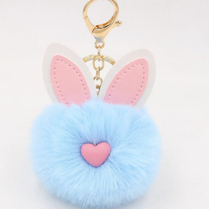 Wholesale Alloy Imitation Rex Rabbit Fur PU Leather Rabbit Ear Hair Ball Pom Pom Keychain JDC-KC-Zuge011 Keychains 祖格 light blue / Wholesale Jewelry JoyasDeChina Joyas De China