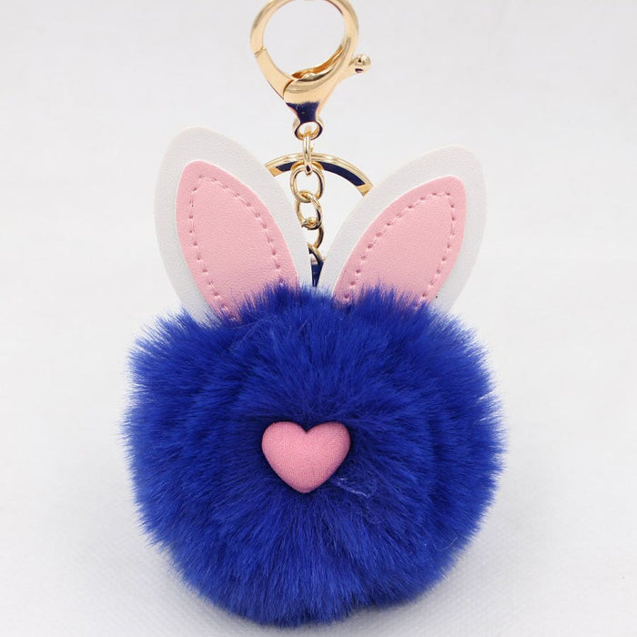 Wholesale Alloy Imitation Rex Rabbit Fur PU Leather Rabbit Ear Hair Ball Pom Pom Keychain JDC-KC-Zuge011 Keychains 祖格 royal blue / Wholesale Jewelry JoyasDeChina Joyas De China