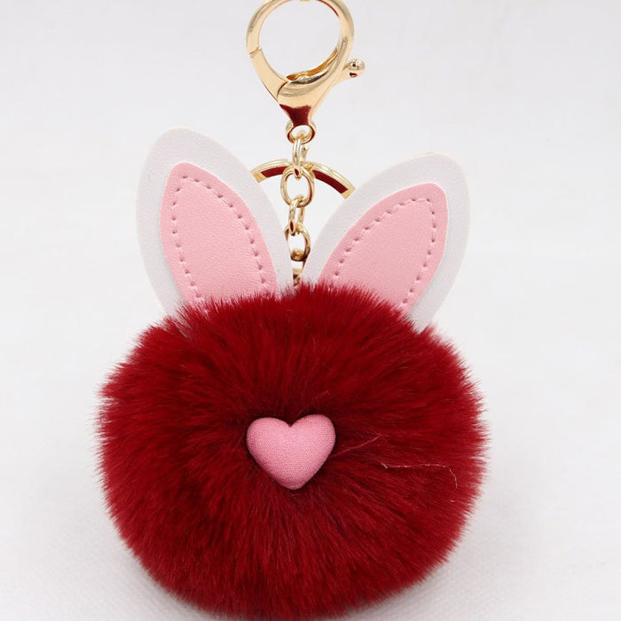 Wholesale Alloy Imitation Rex Rabbit Fur PU Leather Rabbit Ear Hair Ball Pom Pom Keychain JDC-KC-Zuge011 Keychains 祖格 wine red / Wholesale Jewelry JoyasDeChina Joyas De China