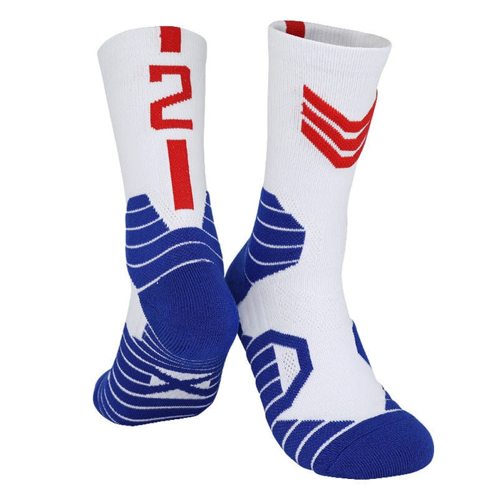 Wholesale Basketball Socks Polyester High Elastic Silk Long Mid Tube Sports Socks JDC-SK-LingTu008 Sock 领途 White and Blue No.2 39-44 Wholesale Jewelry JoyasDeChina Joyas De China