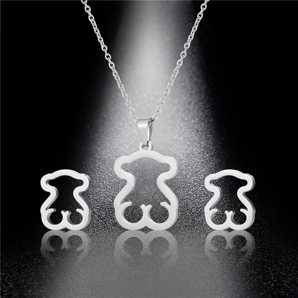 Wholesale Bear Silver Stainless Steel Necklace Stud Earrings Set JDC-ES-MINGM002 Earrings 敏萌 Wholesale Jewelry JoyasDeChina Joyas De China