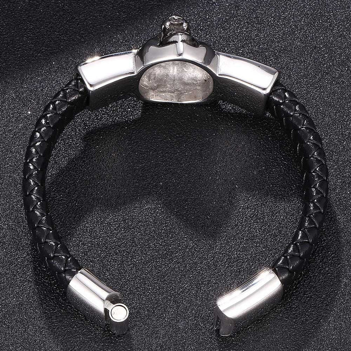 Wholesale black leather lion head stainless steel bracelet JDC-BT-RShen004 Bracelet 日盛 Steel color 185mm Wholesale Jewelry JoyasDeChina Joyas De China