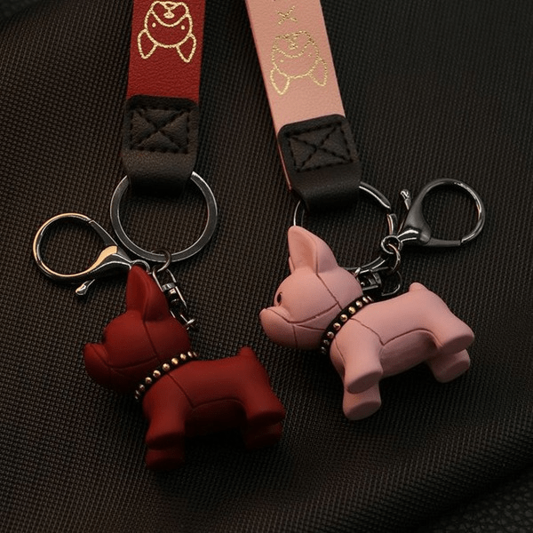 Wholesale black resin puppy french bulldog bronzing leather rope keychain JDC-KC-Gongz013 Keychains 宫泽 Wholesale Jewelry JoyasDeChina Joyas De China