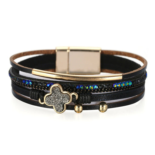 Wholesale bohemian rhinestone four leaf clover PU leather alloy bracelet JDC-BT-DHJ010 Bracelet 邓会君 Wholesale Jewelry JoyasDeChina Joyas De China