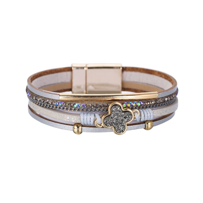 Wholesale bohemian rhinestone four leaf clover PU leather alloy bracelet JDC-BT-DHJ010 Bracelet 邓会君 Wholesale Jewelry JoyasDeChina Joyas De China