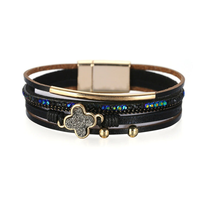 Wholesale bohemian rhinestone four leaf clover PU leather alloy bracelet JDC-BT-DHJ010 Bracelet 邓会君 Wholesale Jewelry JoyasDeChina Joyas De China