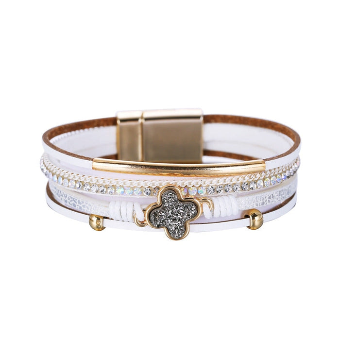 Wholesale bohemian rhinestone four leaf clover PU leather alloy bracelet JDC-BT-DHJ010 Bracelet 邓会君 white Wholesale Jewelry JoyasDeChina Joyas De China