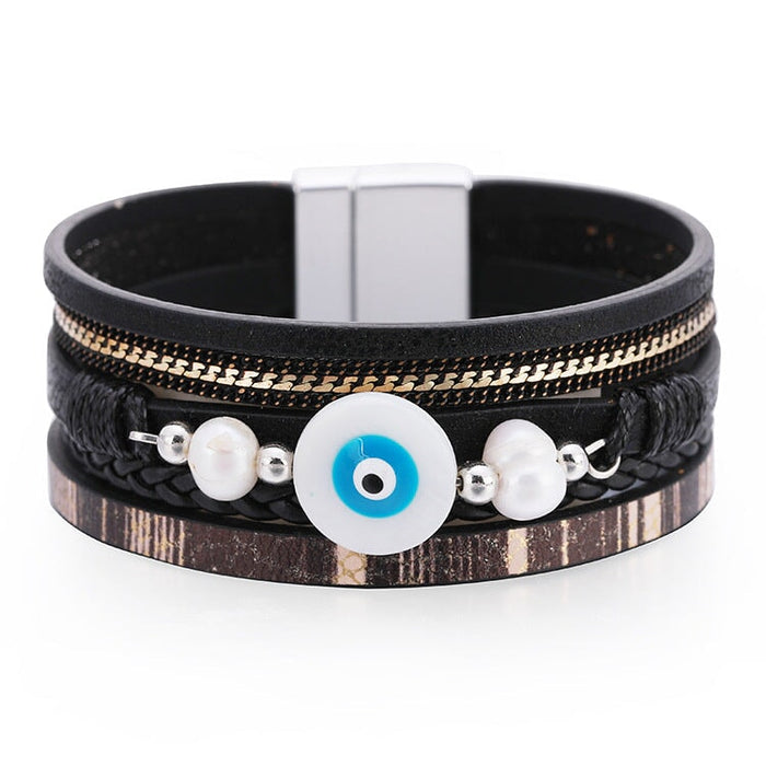 Wholesale Boho Multilayer Braided Devil's Eye Pearl Leather Bracelet JDC-BT-DHJ007 Bracelet 邓会君 SZ00214-1 Wholesale Jewelry JoyasDeChina Joyas De China