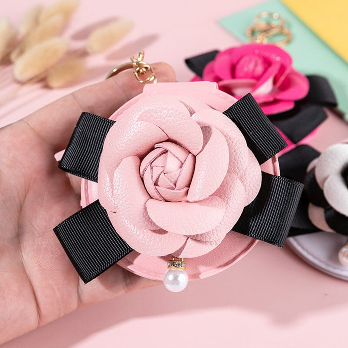 Wholesale Bow PU Leather Small Mirror Camellia Keychain MOQ≥2 JDC-KC-BenX003 Keychains 本勋 Wholesale Jewelry JoyasDeChina Joyas De China