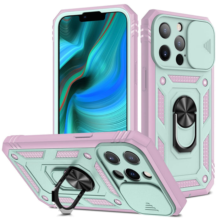 Wholesale Bracket Car Magnetic Card TPU PC Phone Case for iPhone JDC-PC-Kec002 phone case 壳彩 gray green+pink iPhone 13 mini Wholesale Jewelry JoyasDeChina Joyas De China