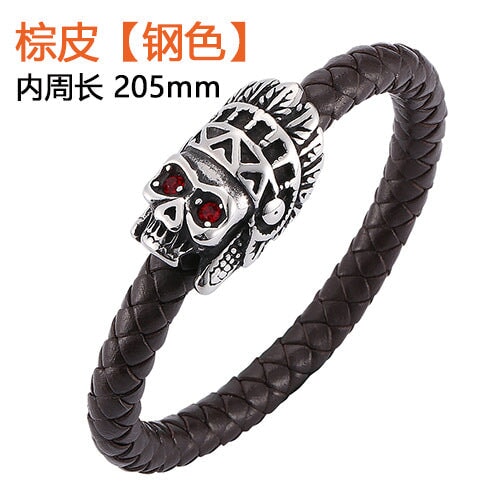 Wholesale Braided Leather Stainless Steel Magnetic Buckle Indian Head Bracelet JDC-BT-RShen012 Bracelet 日盛 brown 205mm Wholesale Jewelry JoyasDeChina Joyas De China